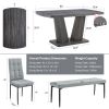 63" Modern Style 6-piece Dining Table with 4 Chairs & 1 Bench, Table with Wood Veneers Tabletop and V-shaped Table Legs