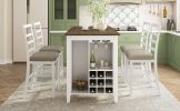 TREXM 5-Piece Multi-Functional Rubber Wood Counter Height Dining Set with Padded Chairs and Integrated 9 Bar Wine Compartment