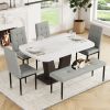 6-Piece Dining Table Set for 6, Faux Marble Table with V-shaped Legs and 4 Upholstered Chairs & Bench, Modern Dining Room Set for Kitchen, Dining Room