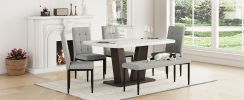 6-Piece Dining Table Set for 6, Faux Marble Table with V-shaped Legs and 4 Upholstered Chairs & Bench, Modern Dining Room Set for Kitchen, Dining Room